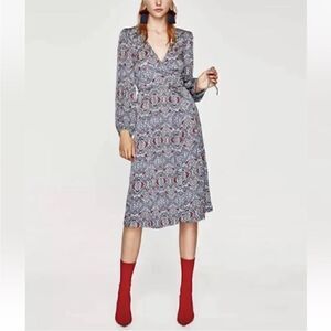Zara Floral Jacquard Paisley Long Sleeve Wrap Midi Dress